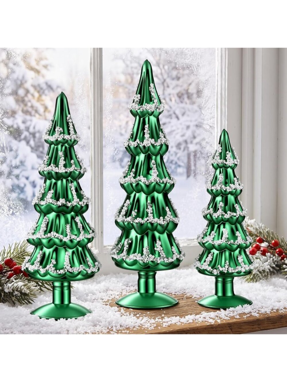 🎄3 Pcs Cobalt Green Glass Christmas Trees with Silver Pearl Trim Tabletop Tree